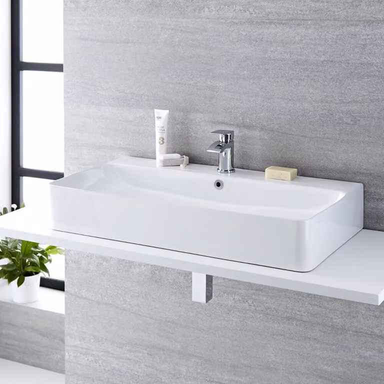 Lavabo Rettangolare da Appoggio Bianco (1 Foro per la Rubinetteria) Completto di Anello per Troppopieno Cromato -  800mm x 415mm - Exton