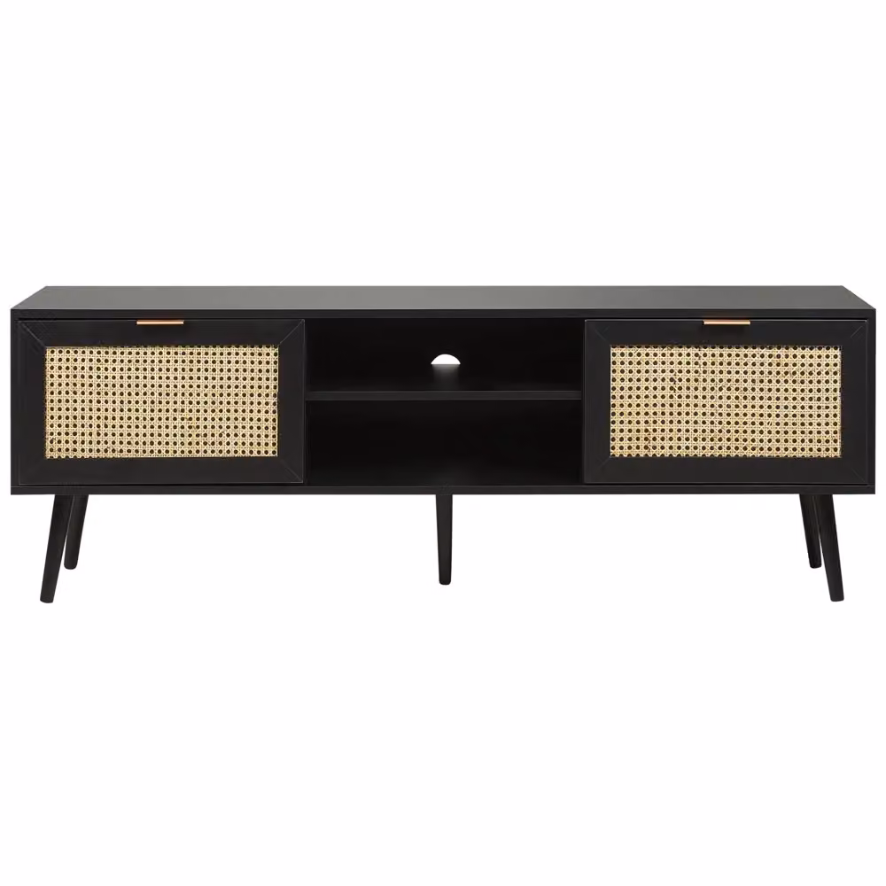 Credenza Porta TV BELIANI in stile boho nero con frontali in rattan e gambe in legno di gomma L/P/H: 150 x 40 x 52 cm – 2
