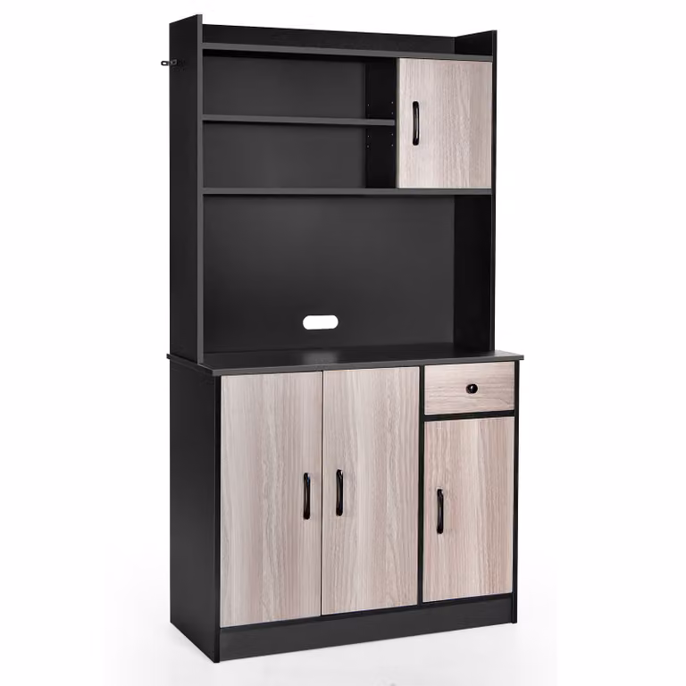 COSTWAY Mobile da cucina alto 180 cm con stazione di ricarica integrata, credenza buffet con piano, piano di lavoro, cassetto, 4 ripiani regolabili