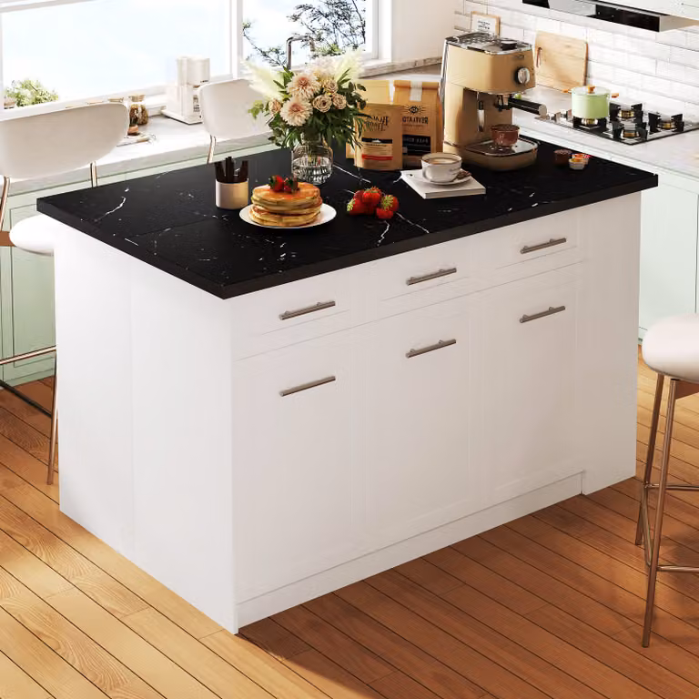 MODFU Mobile da cucina, Isola da cucina, Cassettiera, Mobile contenitore, Tavolo da pranzo allungabile, Credenza multifunzionale, marmo nero + bianco