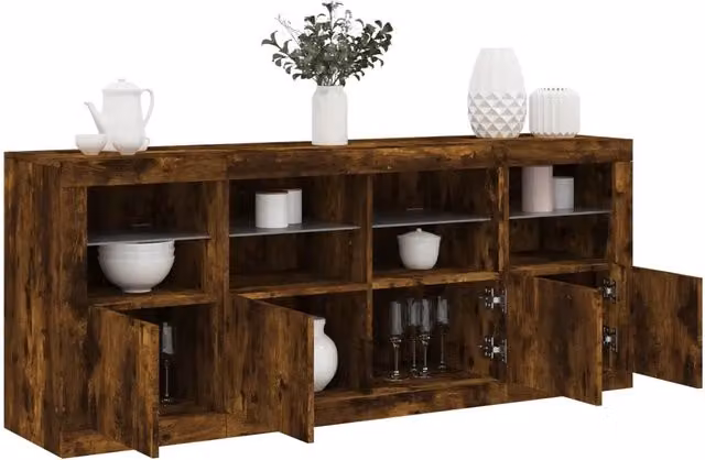 Credenza con Luci LED-Buffet-Armadio da cucina Rovere Fumo 163x37x67 cm