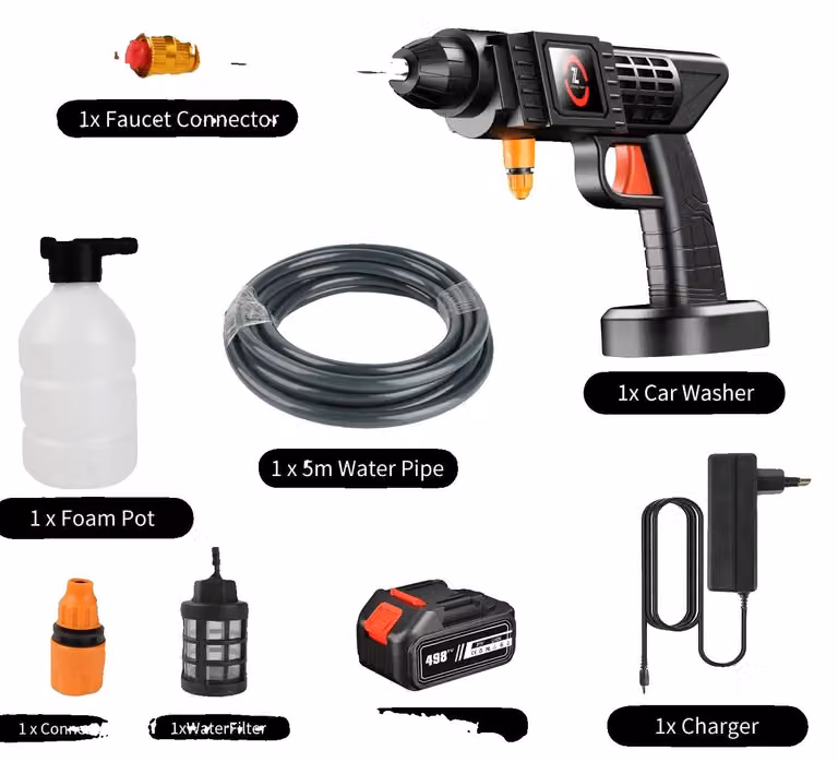 Pistola a spruzzo per autolavaggio ad alta pressione, design senza fili, ugello multifunzione, set da 3