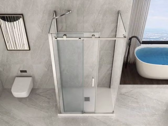 Box doccia rettangolare in cristallo trasparente con due pareti fisse e porta scorrevole, spessore 8 mm, L/P/H: 160 x 90 x 195 cm – 1
