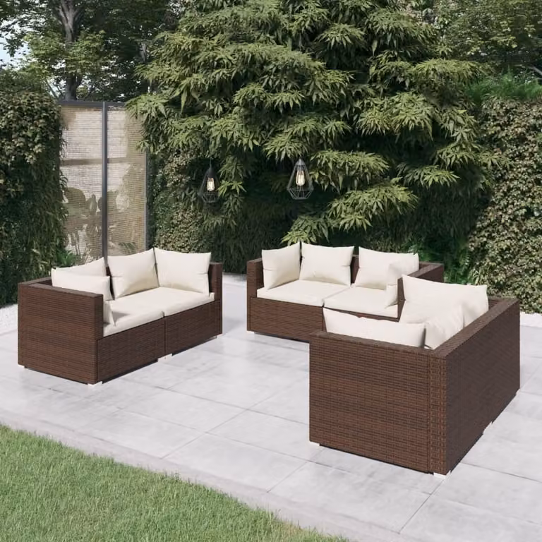 The Living Store Set da giardino da 6 pezzi con cuscini in poly rattan marrone