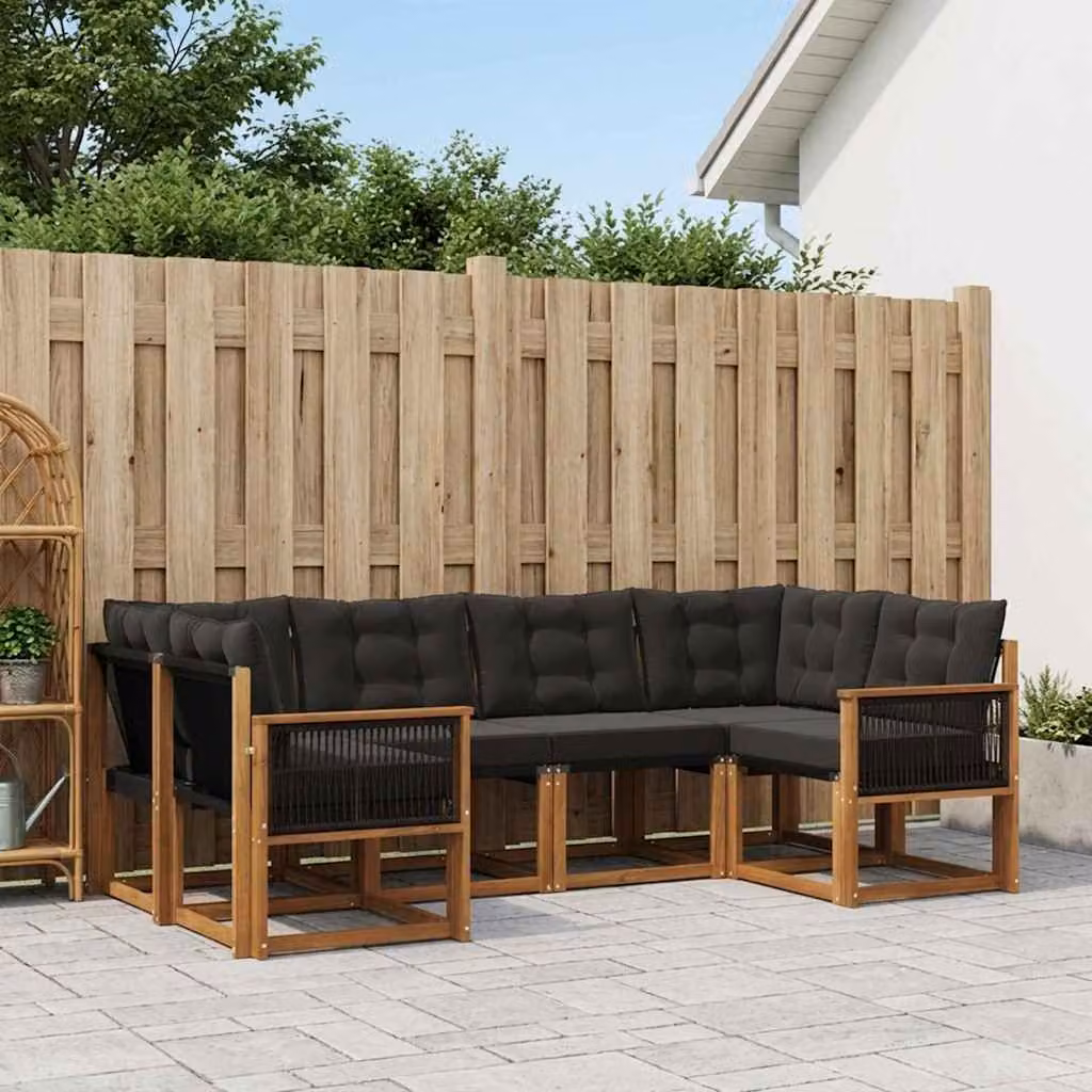 Set di divani da esterno a L vidaXL in legno di acacia con cuscini, 6 pezzi, Marrone e Nero