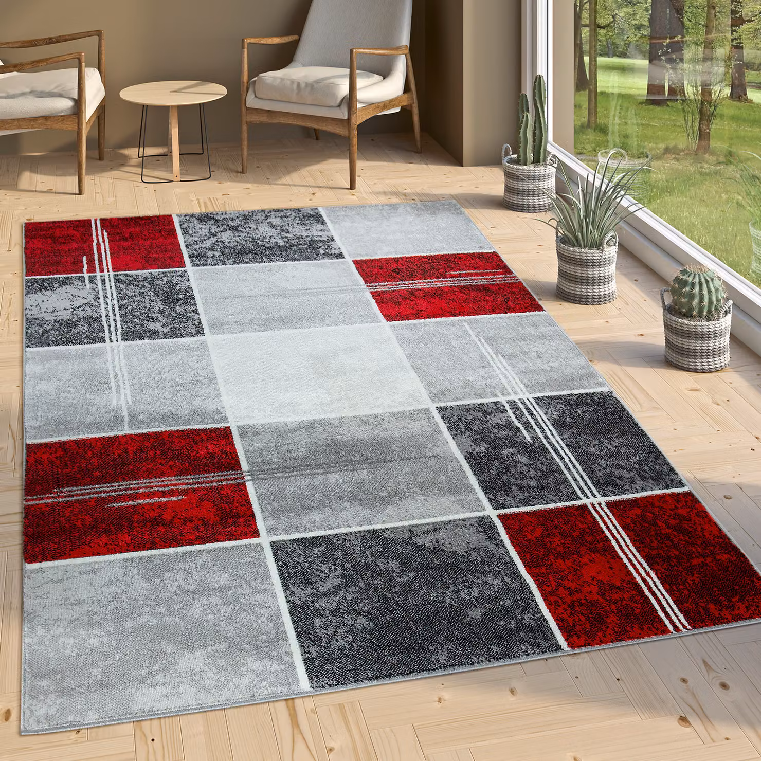 Tappeto Sinay rosso, nero e grigio con design moderno e astratto, L: 100 cm, P: 60 cm – 2