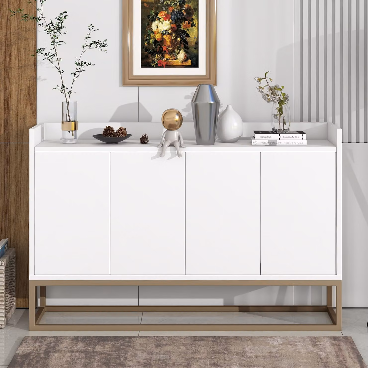 Credenza Flieks a 4 ante con ripiani regolabili, mobili da soggiorno con gambe dorate, cassettiera a buffet senza maniglie, 120x30x80cm, bianco