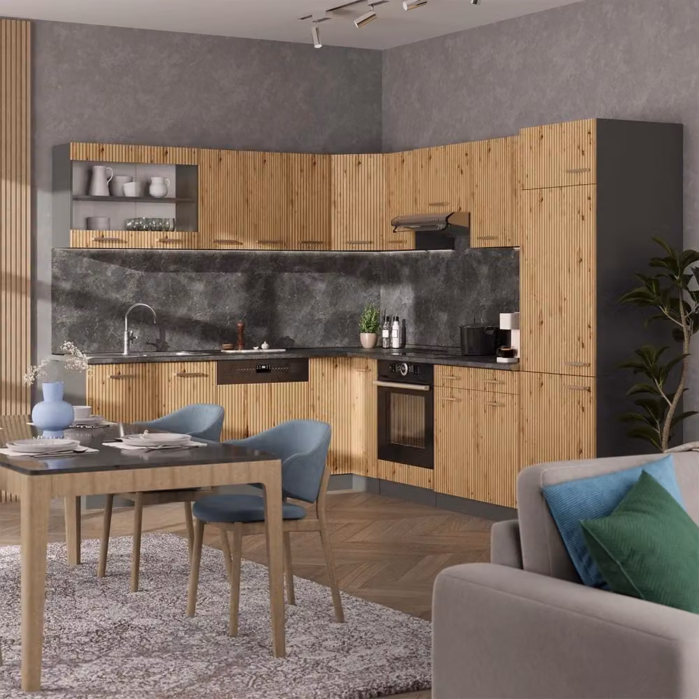 Cucina angolare moderna Vicco R-Line in rovere e antracite con ante in vetro e illuminazione integrata L 287 cm x P 227 cm – 2