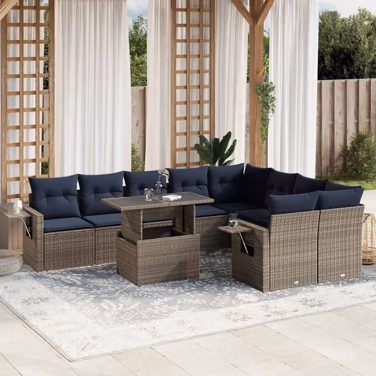 Set di divani da giardino vidaXL in polyrattan grigio con cuscini e tavolino da esterno a forma di U
