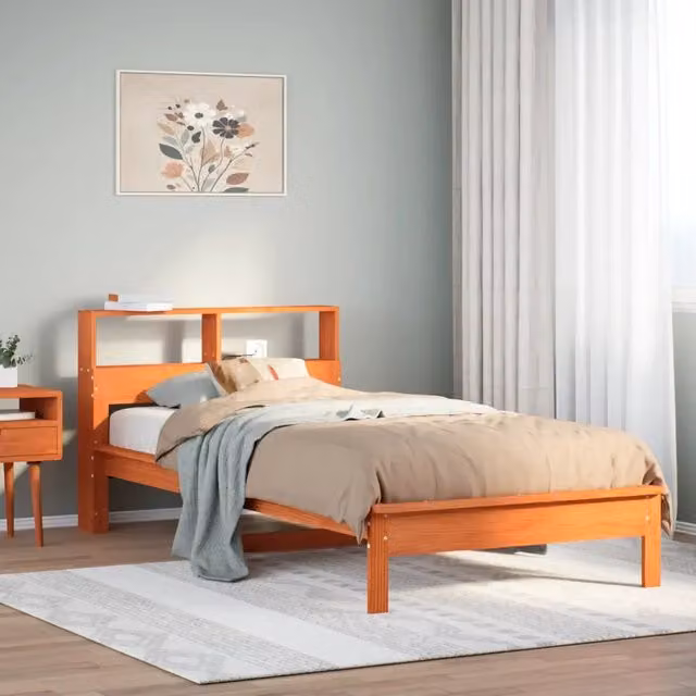 Letto Libreria con Contenitore Design Mania in Pino Marrone Cera L 90 x P 200 cm