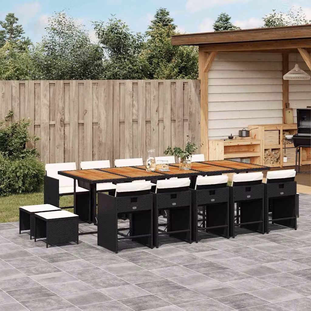 vidaXL Set da Pranzo da Giardino 15 pz in Polyrattan con Cuscini Nero e Legno di Acacia – 1