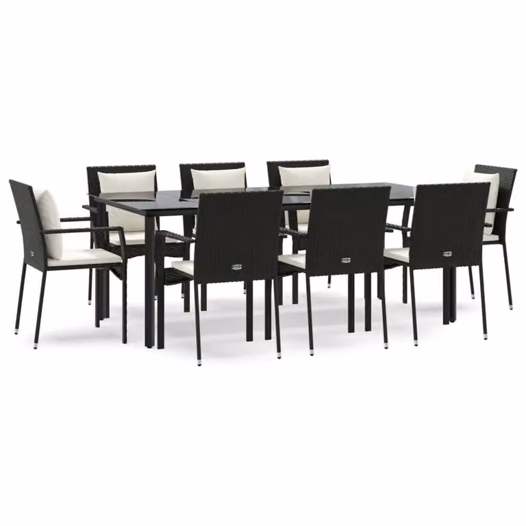 Set da Pranzo da Giardino 9 pz con Cuscini Nero in Polyrattan
