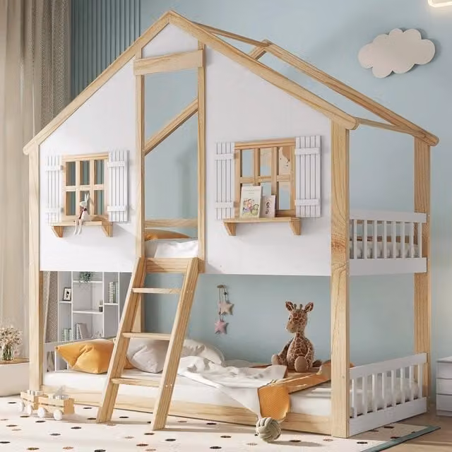 Letto a castello per bambini ¨C Minimal ¨C Legno pino bianco naturale 90x200cm con rete a doghe