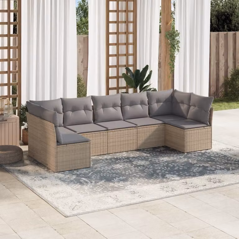 vidaXL Set Divani da Giardino 7 pz a Forma a L con Cuscini Beige e Grigio in Polyrattan e Acciaio