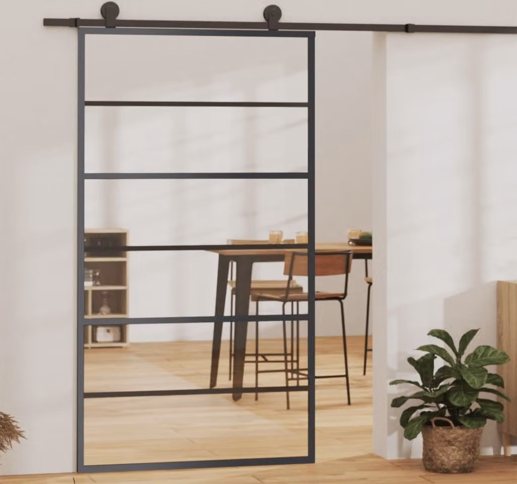 The Living Store porta scorrevole ESG in vetro e alluminio 102x205 cm nero