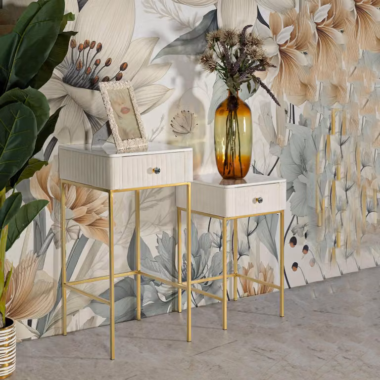 Dava - Tavolino da Salotto, 45x45x90h cm Bianco Crema, 2 Cassetti