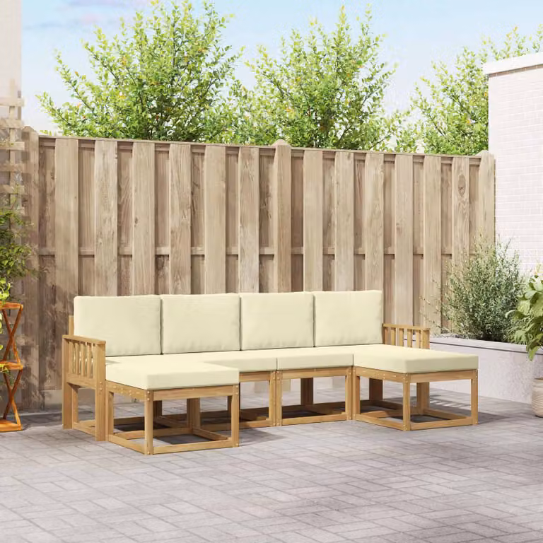 vidaXL Set di divani da esterno a L composto da 6 pezzi in legno di acacia con cuscini Bianco, Beige e Marrone
