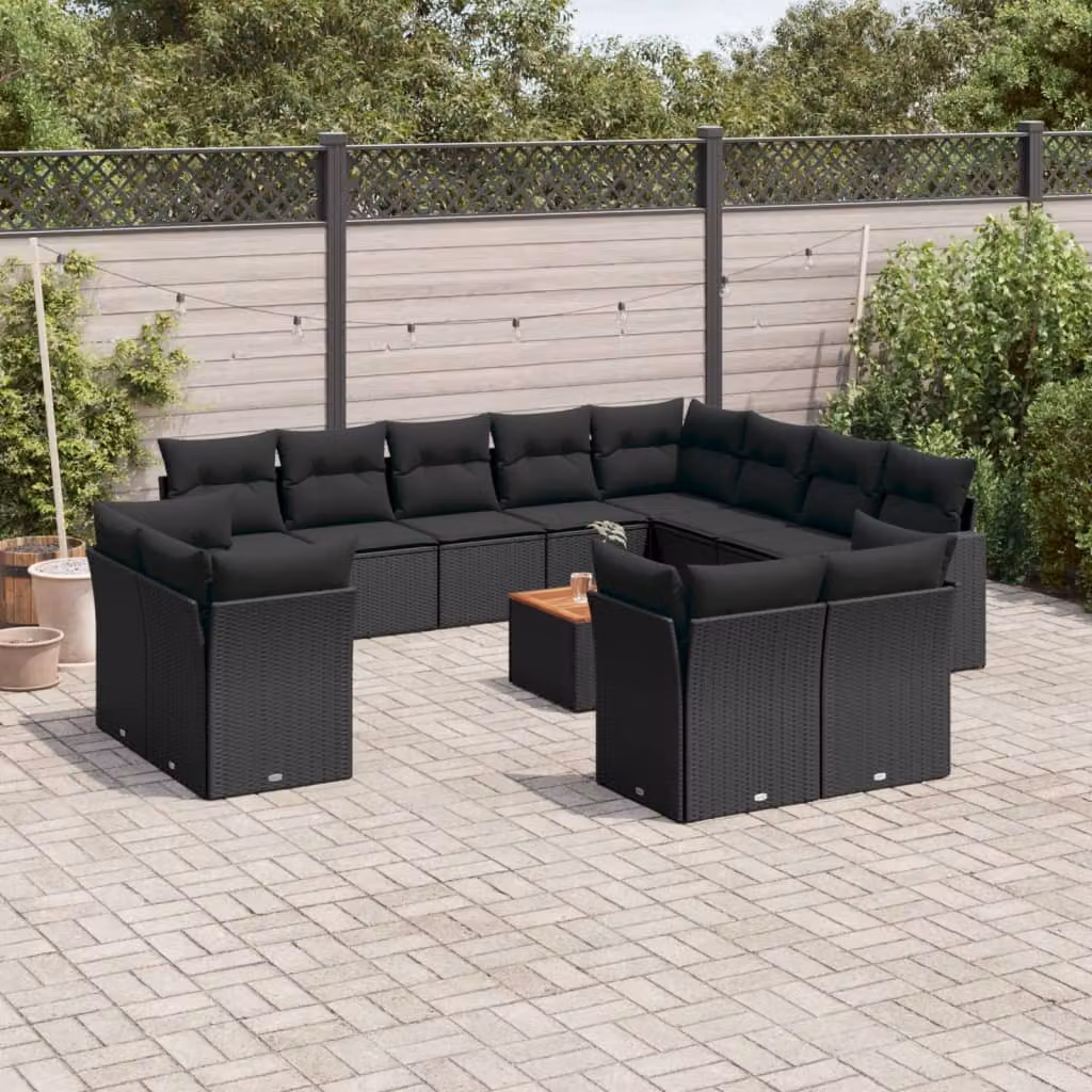 Set Divani da Giardino vidaXL a Forma di L con Cuscini e Tavolino, Polyrattan e Legno di Acacia, Nero e Marrone – 1