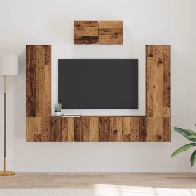 Set mobile TV moderno vidaXL in legno vecchio marrone composto da 7 pezzi per soggiorno