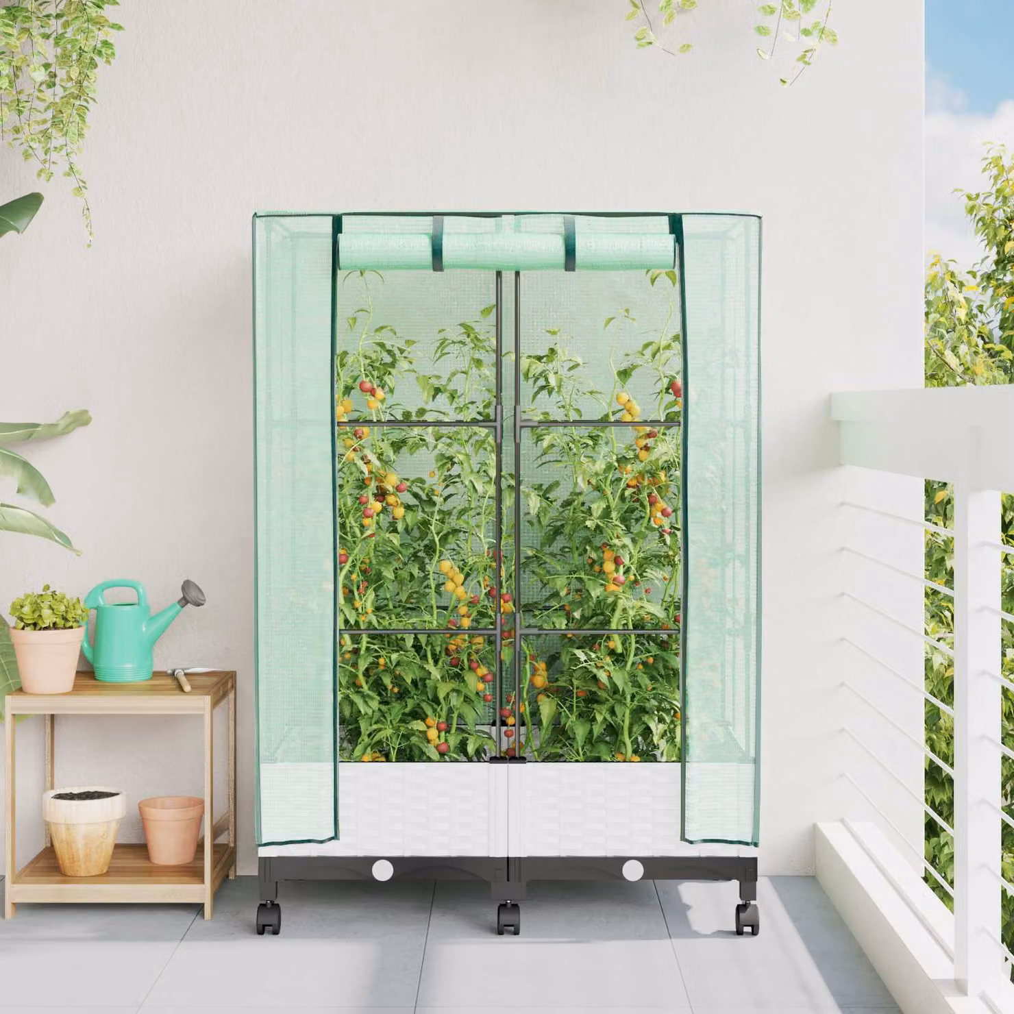 Set di 2 vasi da giardino con copertura per serra e ruote vidaXL, colore bianco, in plastica