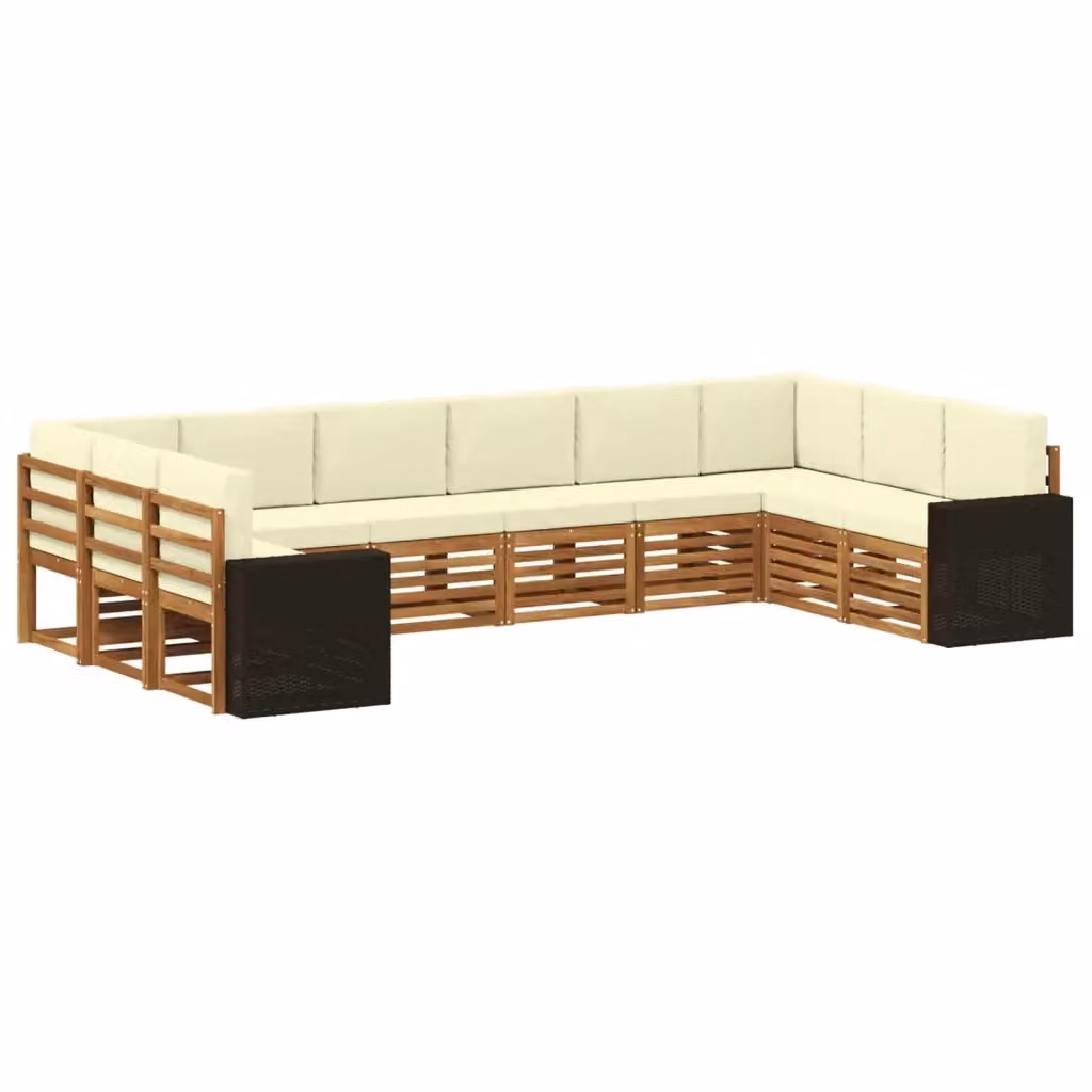 Set di divani da esterno vidaXL a forma di L in legno di acacia con cuscini beige e bianchi – 2