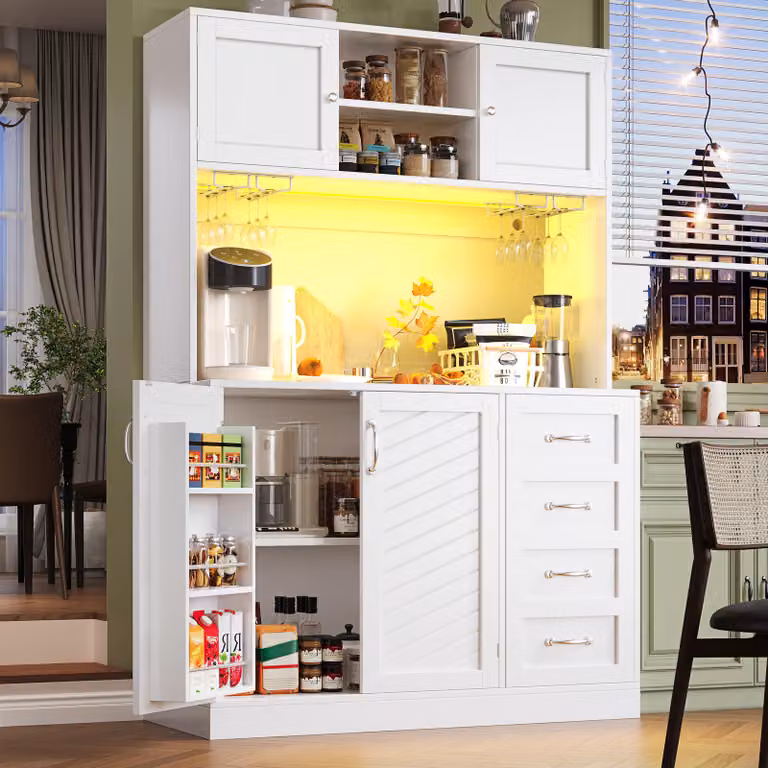Mobile da cucina Flieks con illuminazione a LED, portabottiglie, 4 ante e 2 ampi cassetti, credenza 120x40x188 cm, mobile da buffet, bianco
