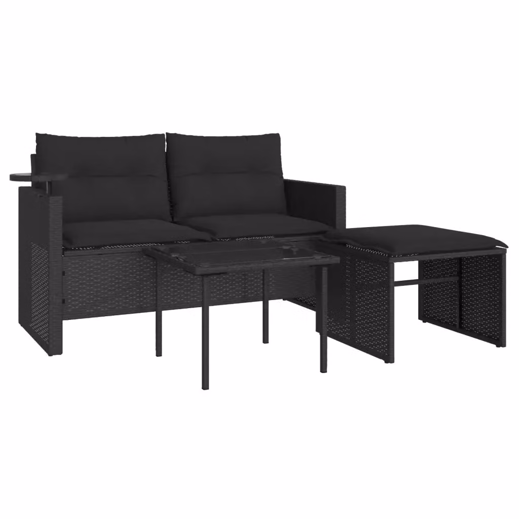 Set da giardino moderno vidaXL composto da divano a 2 posti, pouf e tavolino da caffè in polyrattan nero con cuscini inclusi – 2
