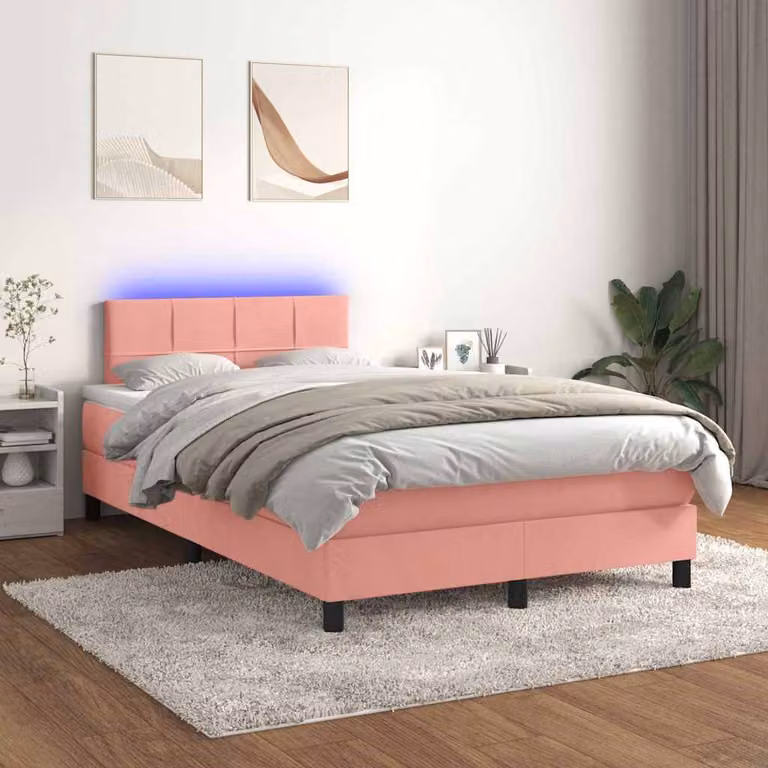 Letto a Molle con Materasso e LED vidaXL in Velluto Rosa e Bianco, L/P: 120 x 200 cm