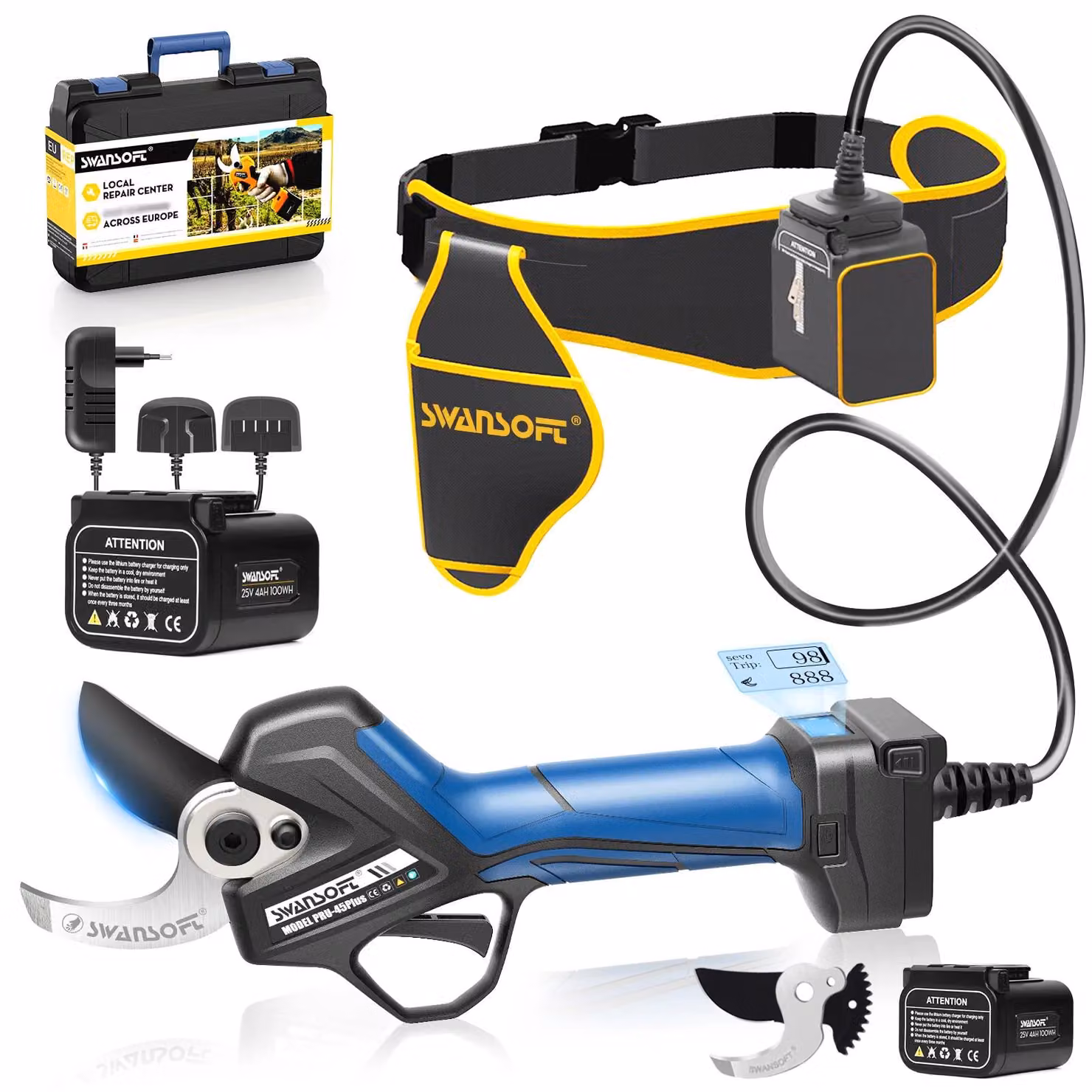 Potatura elettrica, larghezza di taglio 45 mm, potenza 1150 W, acciaio SK5, colore blu