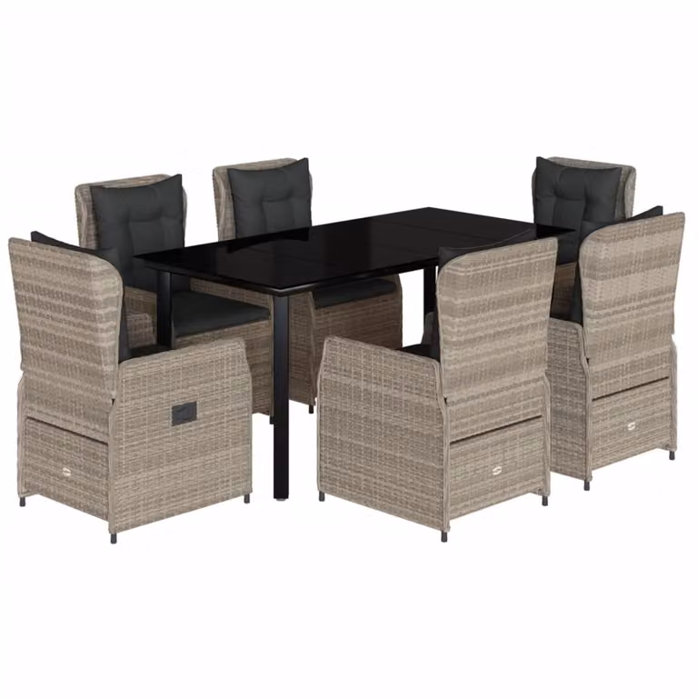 Set da Pranzo da Giardino 7 pz Cuscini Polyrattan Grigio Chiaro