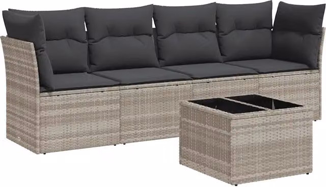 Set Divano da Giardino 5pz | Set Salotto da Giardino con Cuscini Grigio Chiaro Polyrattan