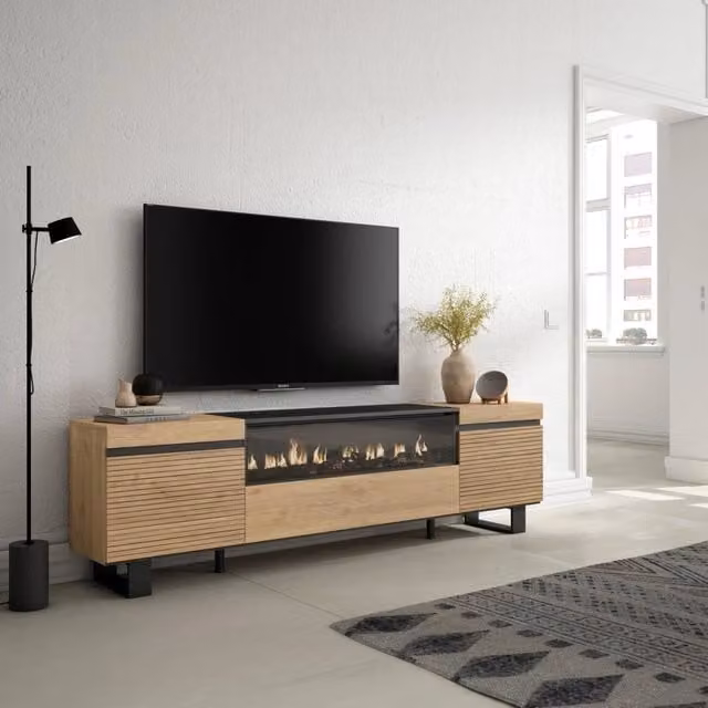 Mobile TV Soggiorno, 200x35x57cm, Per TV fino a 80", Camino elettrico, Design industriale, colore Rovere RF3316
