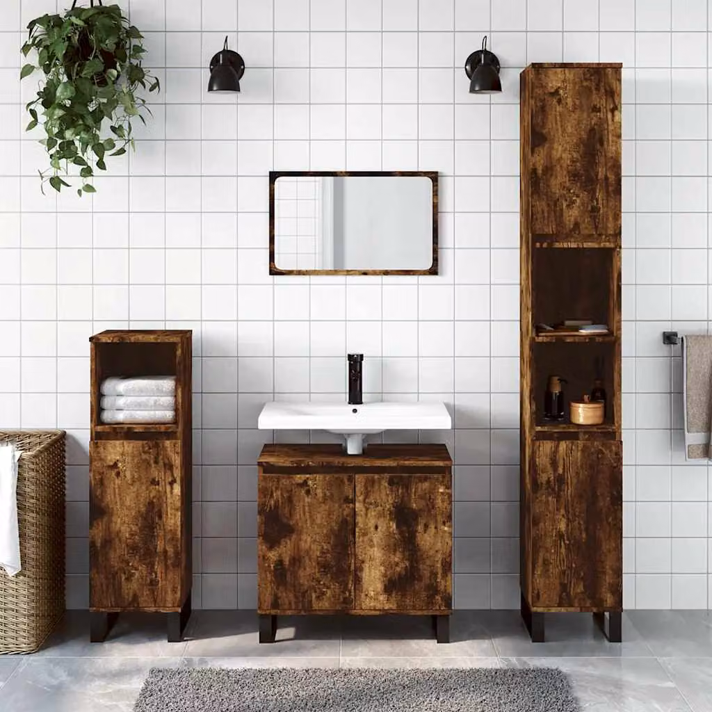 Armadietto da bagno vidaXL in stile industriale, colore marrone rovere, con ante a battente e ripiani interni, L: 58 cm, P: 33 cm, H: 60 cm