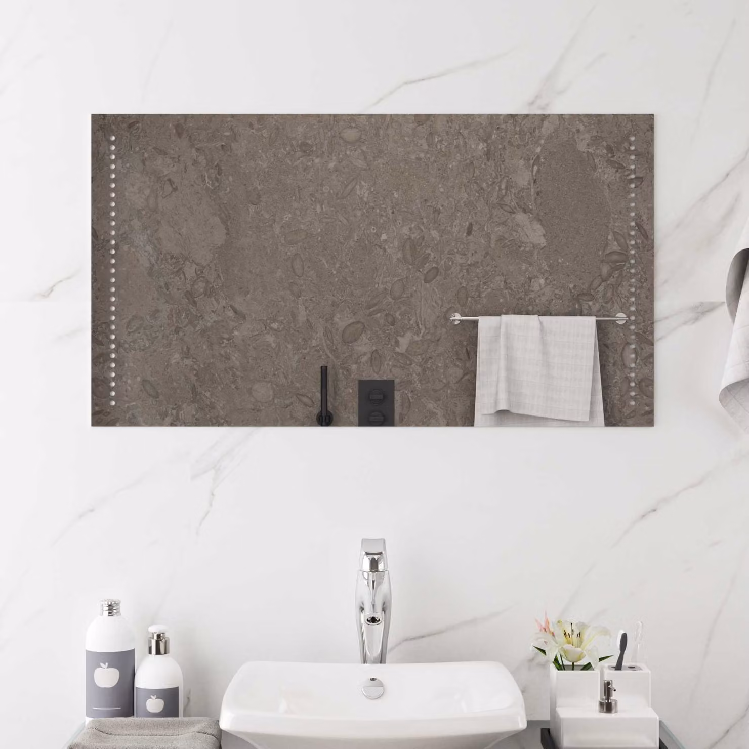 Specchio da bagno con LED vidaXL, design minimalista in vetro temperato, colore trasparente/grigio, L: 90 cm, H: 50 cm