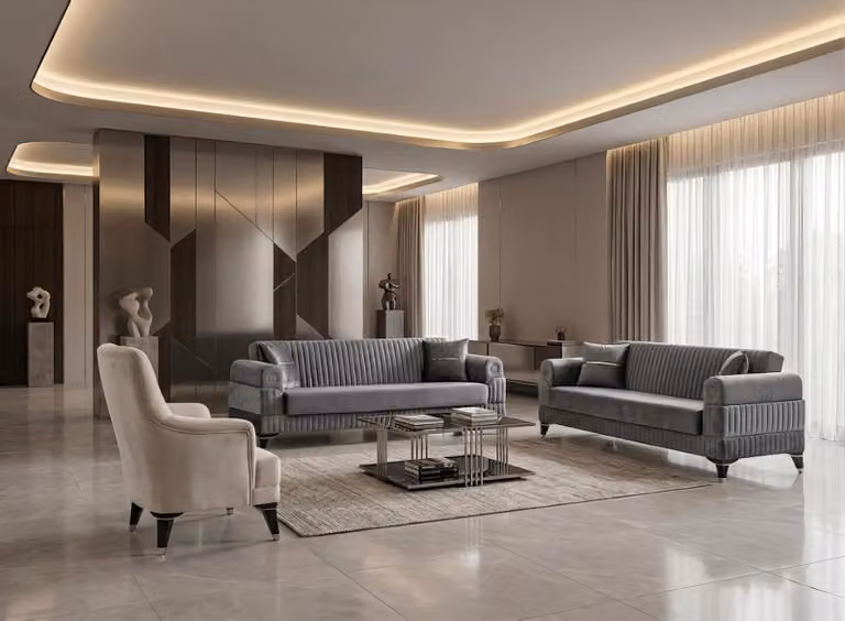 Divano componibile: 2 divani a 3 posti, 1 poltrona. Design moderno, colore grigio e beige, tessuto velluto, set