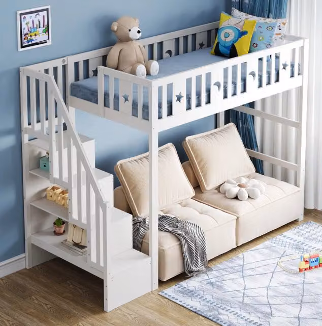 Letto a soppalco per bambini 90x200 cm con scala e ripiani; in legno; bianco