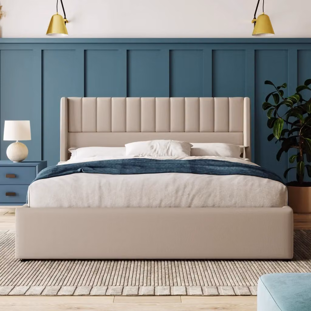 Letto contenitore Mivray con rete sollevabile idraulica e testiera imbottita in lino beige, L/P/H: 140 x 200 x 113 cm – 2