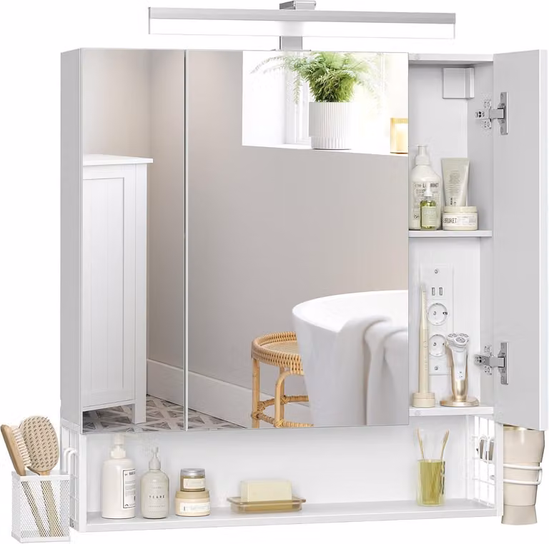 Mobiletti da bagno con specchio e illuminazione a LED - Con prese di corrente e porte USB - Porta asciugacapelli - 70 x 16,5 x 75 cm - Bianco
