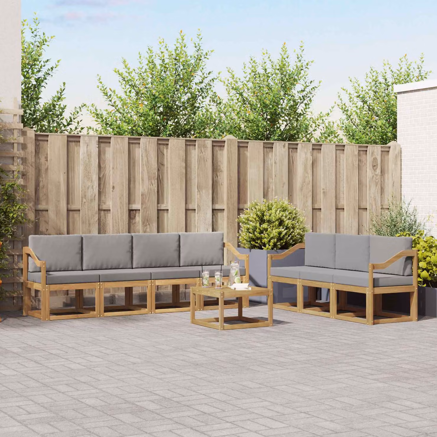 Set di divani da esterno vidaXL 8 pz a forma di L con tavolino, in legno di acacia e tessuto resistente ai raggi UV, Bianco e Grigio