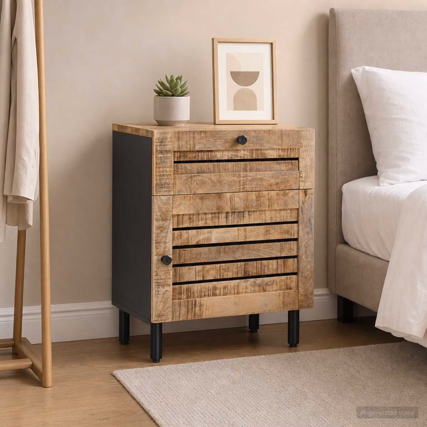 Comodino moderno vidaXL in legno di mango massello naturale L: 50 cm, P: 33 cm, H: 60 cm