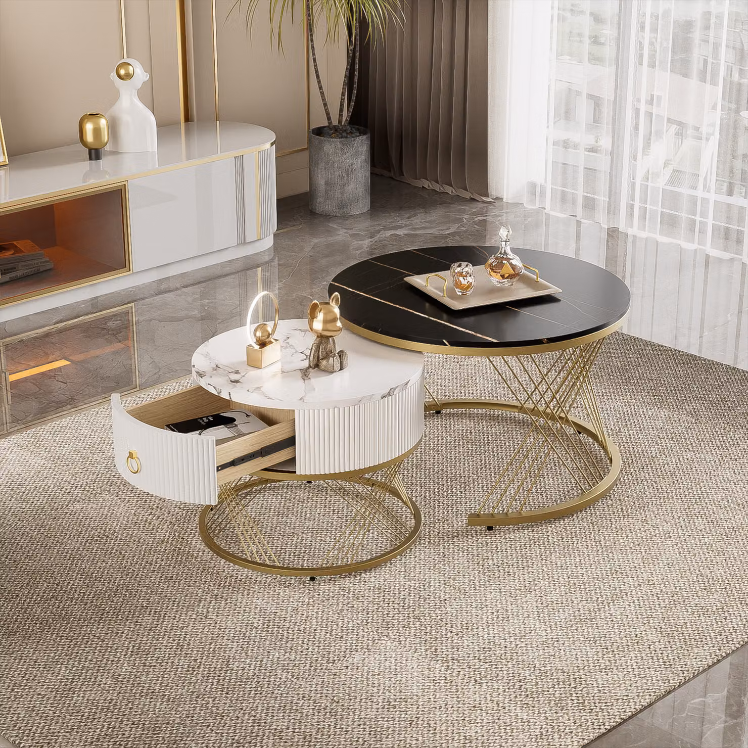 Sweiko Elegante tavolino da caffè componibile: look marmo, decoro oro, tavolino con cassetti - set di 2