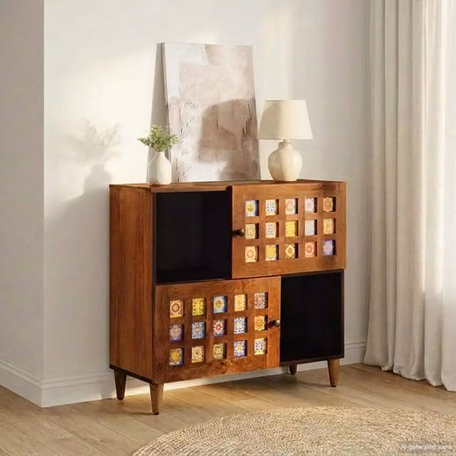 Credenza moderna vidaXL in legno di mango massello color noce con porta L: 80 cm, P: 33 cm, H: 75 cm