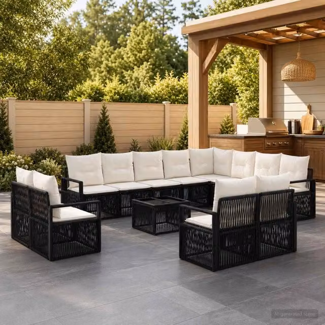 Set Divano da Giardino vidaXL a Forma di L in Polyrattan Nero con 13 Pezzi e Cuscini Inclusi