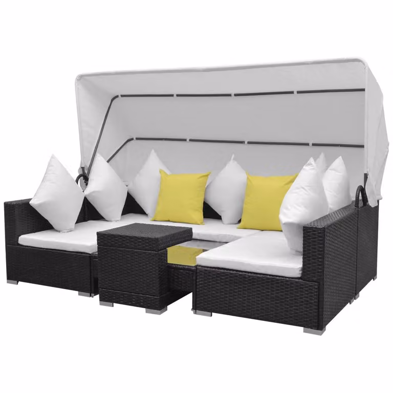 set 7 pezzi da giardino con tettuccio parasole in poly rattan nero