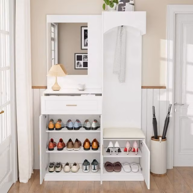 Mobile ingresso multifunzione con specchio e scarpiera con panca，guardaroba da ingresso bianco in MDF，110x33x185.5cm