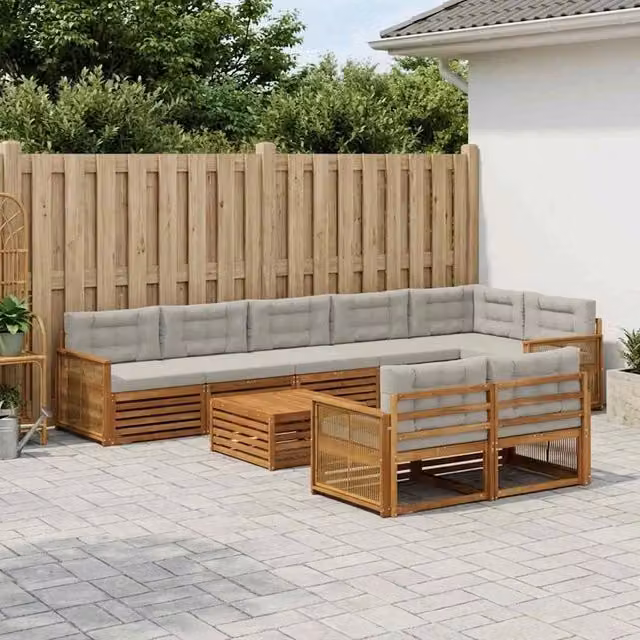 Set di divani da esterno a forma di U vidaXL in legno di acacia con cuscini beige e grigi, 9 pezzi – 1