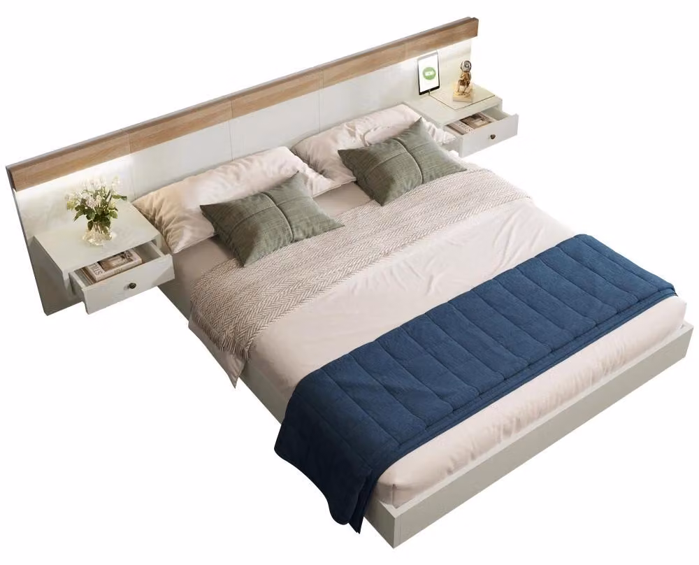 Letto matrimoniale in legno – Letto sospeso con testiera – 180 x 200 cm – Con spazio contenitivo – Struttura a listelli – Senza materasso – Finitura rovere Sonoma/bianco
