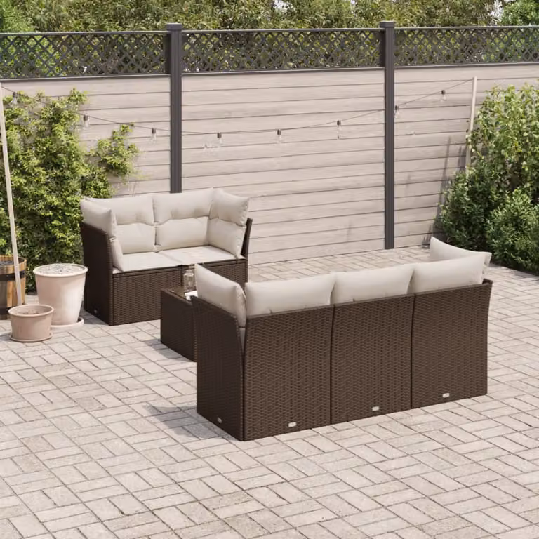 Set Divano da Giardino vidaXL 6 pz a Forma a L con Tavolino in Polyrattan e Cuscini Marroni e Bianchi