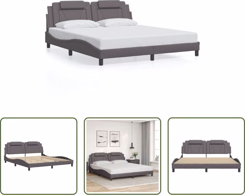 The Living Store Giroletto con testiera grigio 180x200 cm in ecopelle