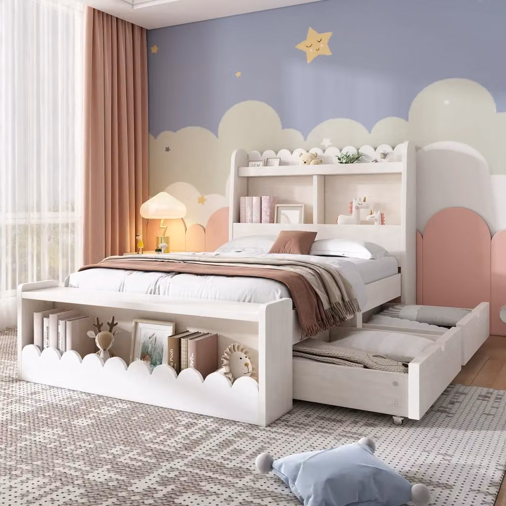 Letto singolo per bambini con 2 cassetti, ripiani e panca contenitore, bianco e beige, L/P: 90 x 190 cm – 2